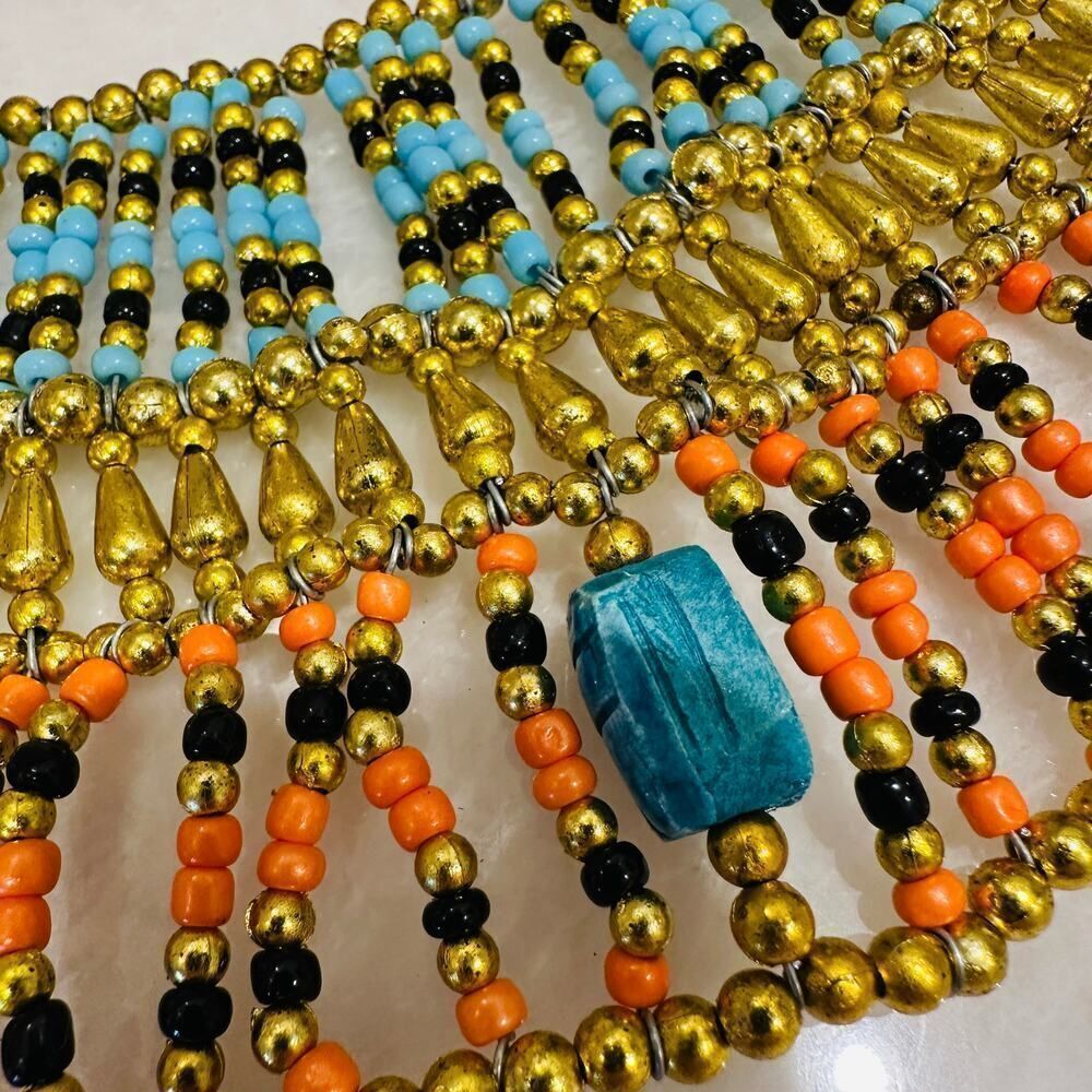 Egyptian Beaded Necklace Collar With Blue Scarabs, Cleopatra - Picture 3 of 6